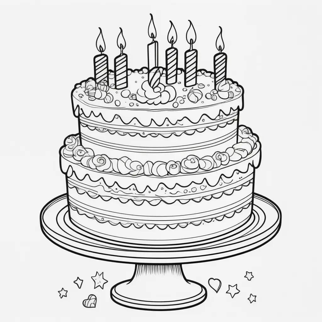 Black and white drawing of birthday cake on coloring pages