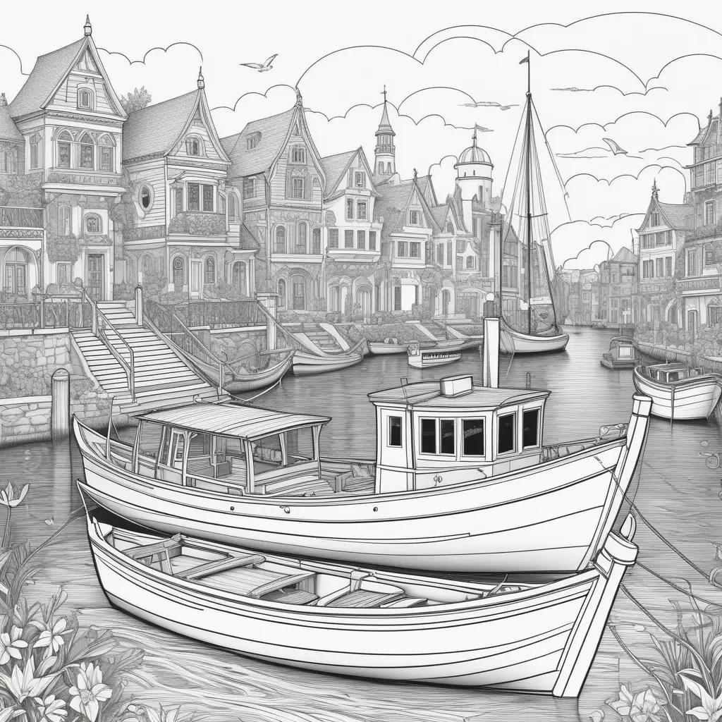 運河に浮かぶボートの白黒の絵