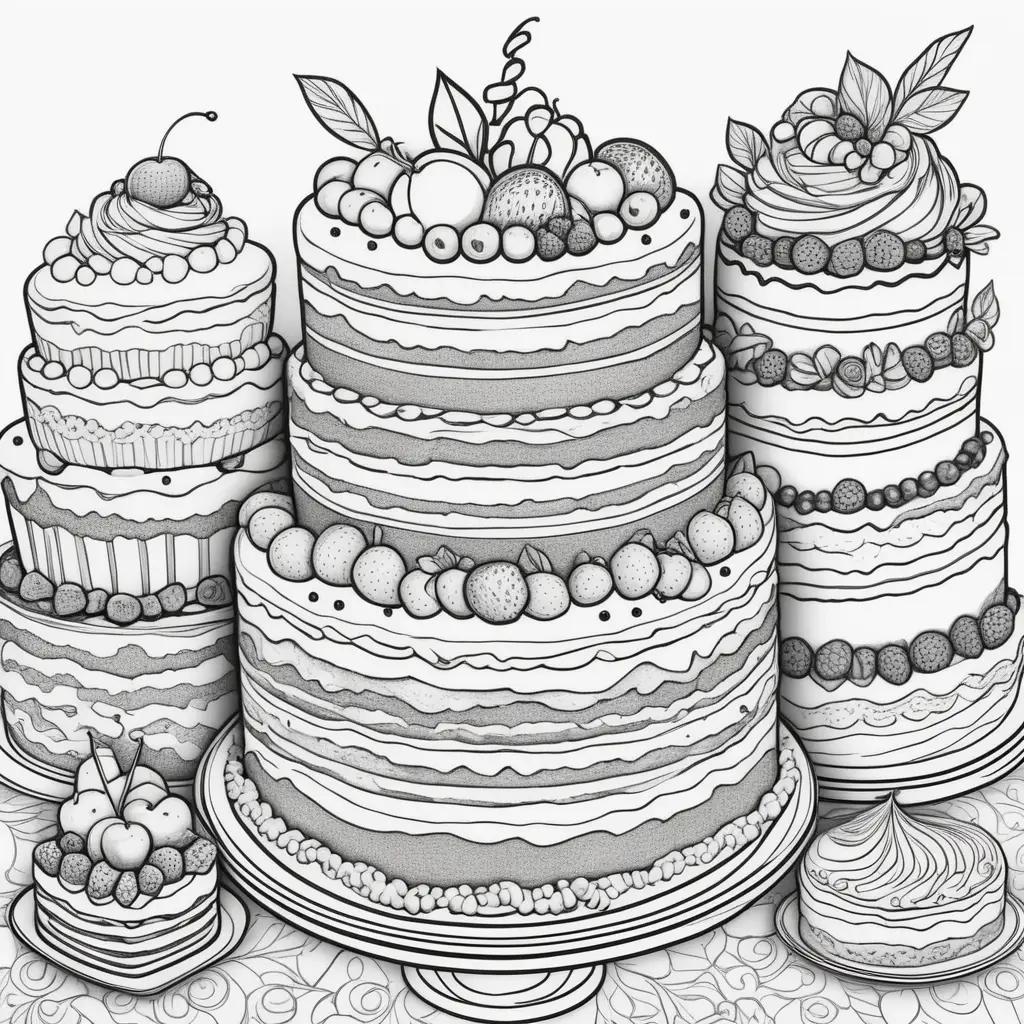 Black and white drawing of cakes and other desserts