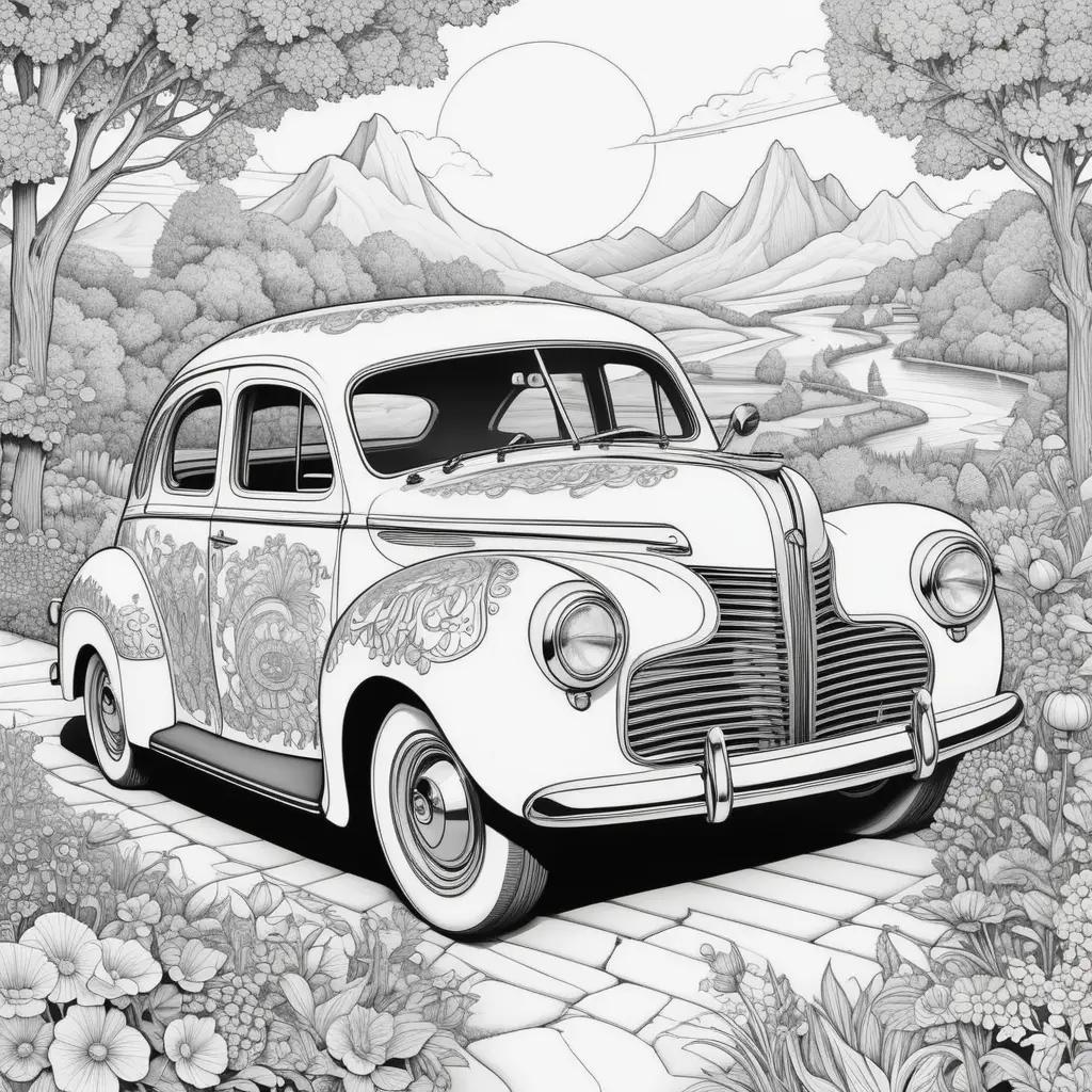 Black and white drawing of car in garden