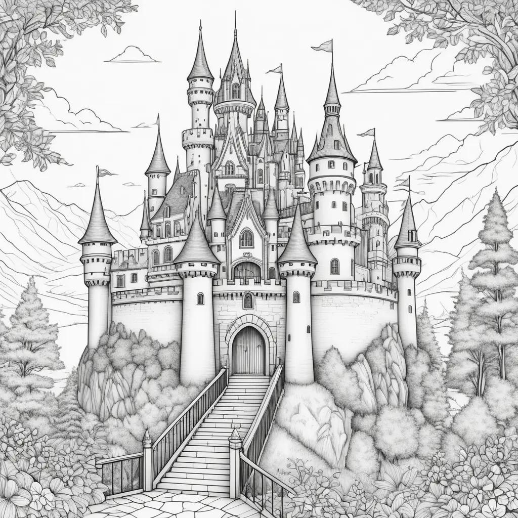 Black and white drawing of castle with stairs