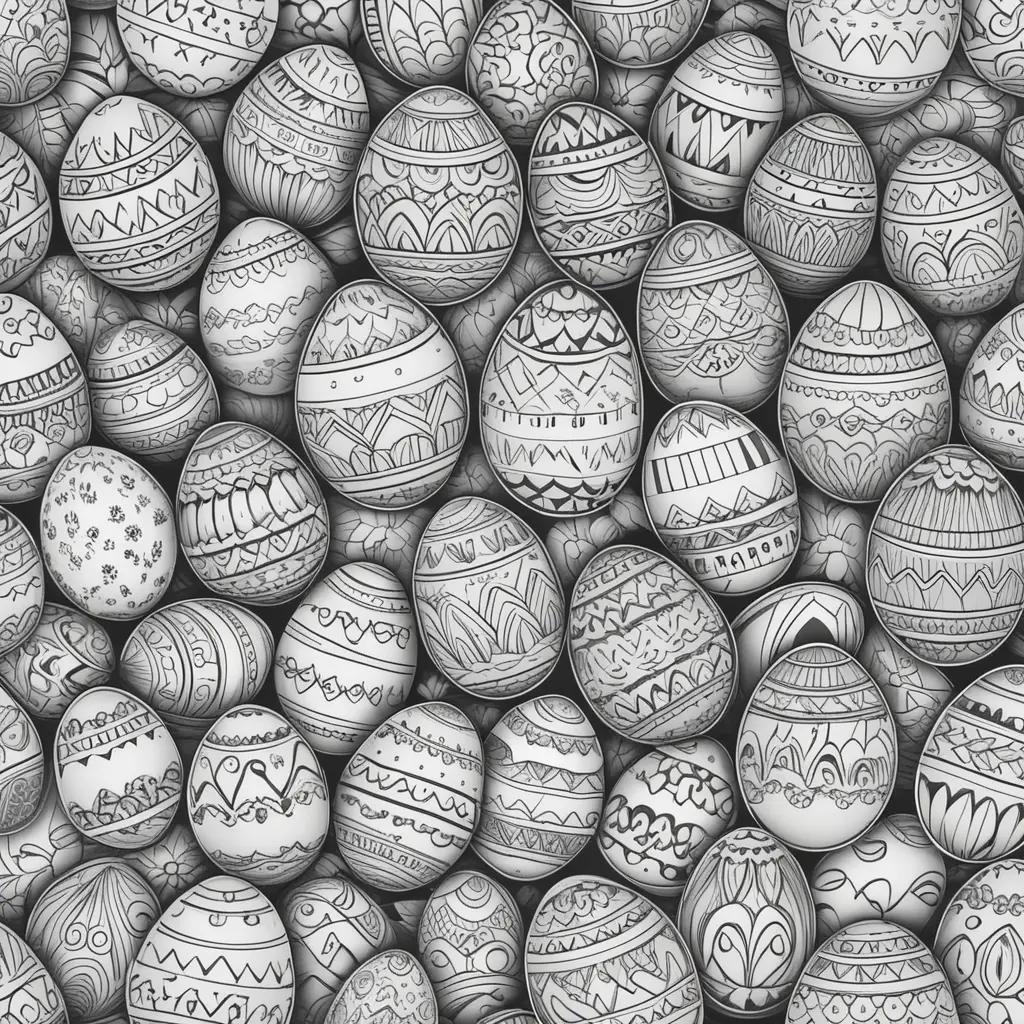 Black and white drawing of colorful Easter eggs