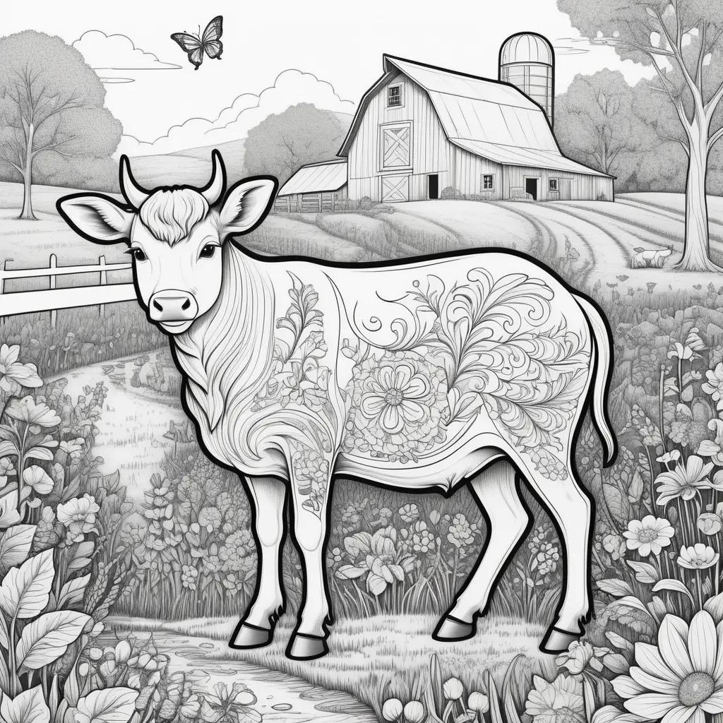 Black and white drawing of cow and flowers on farm