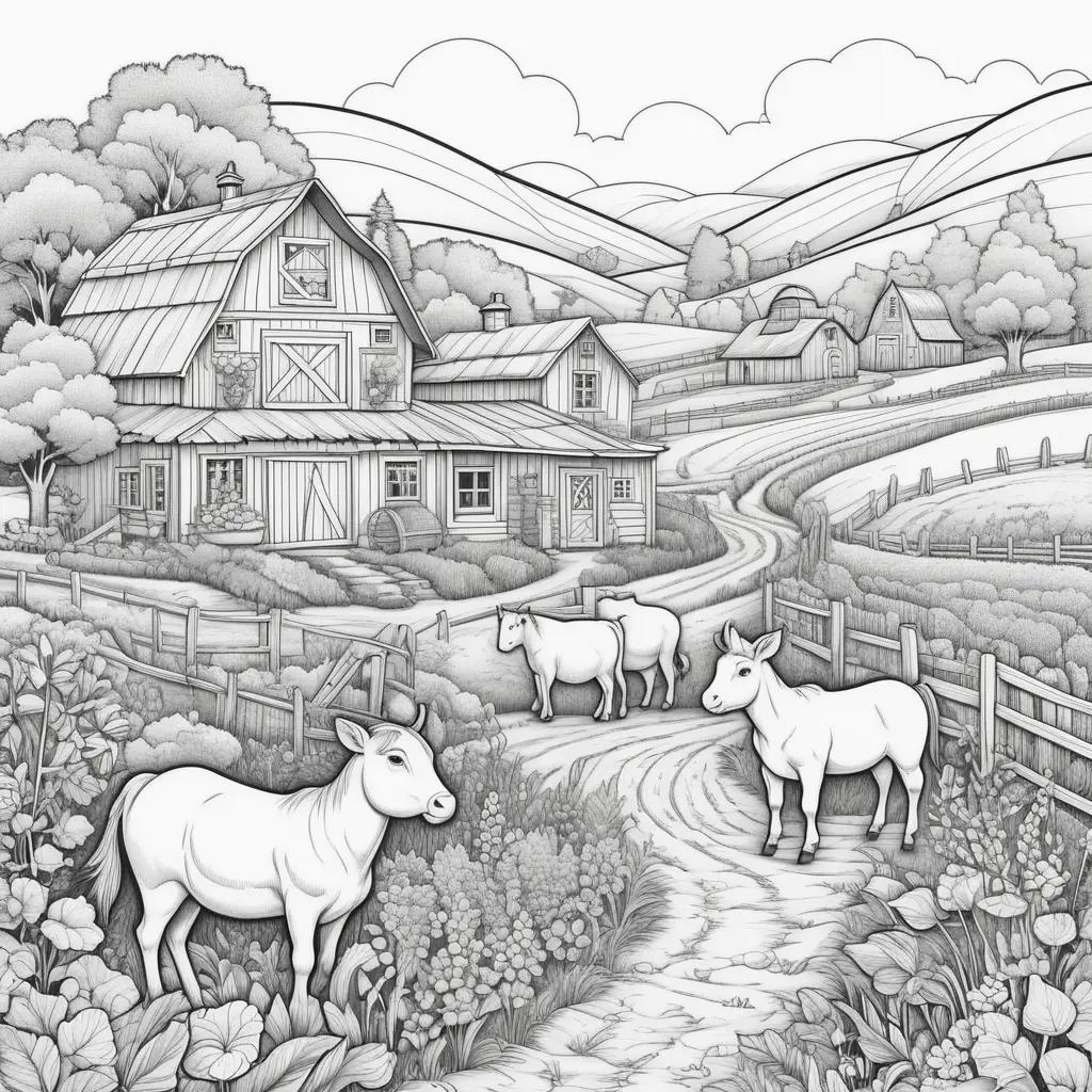 牛と農場の建物の白黒の絵