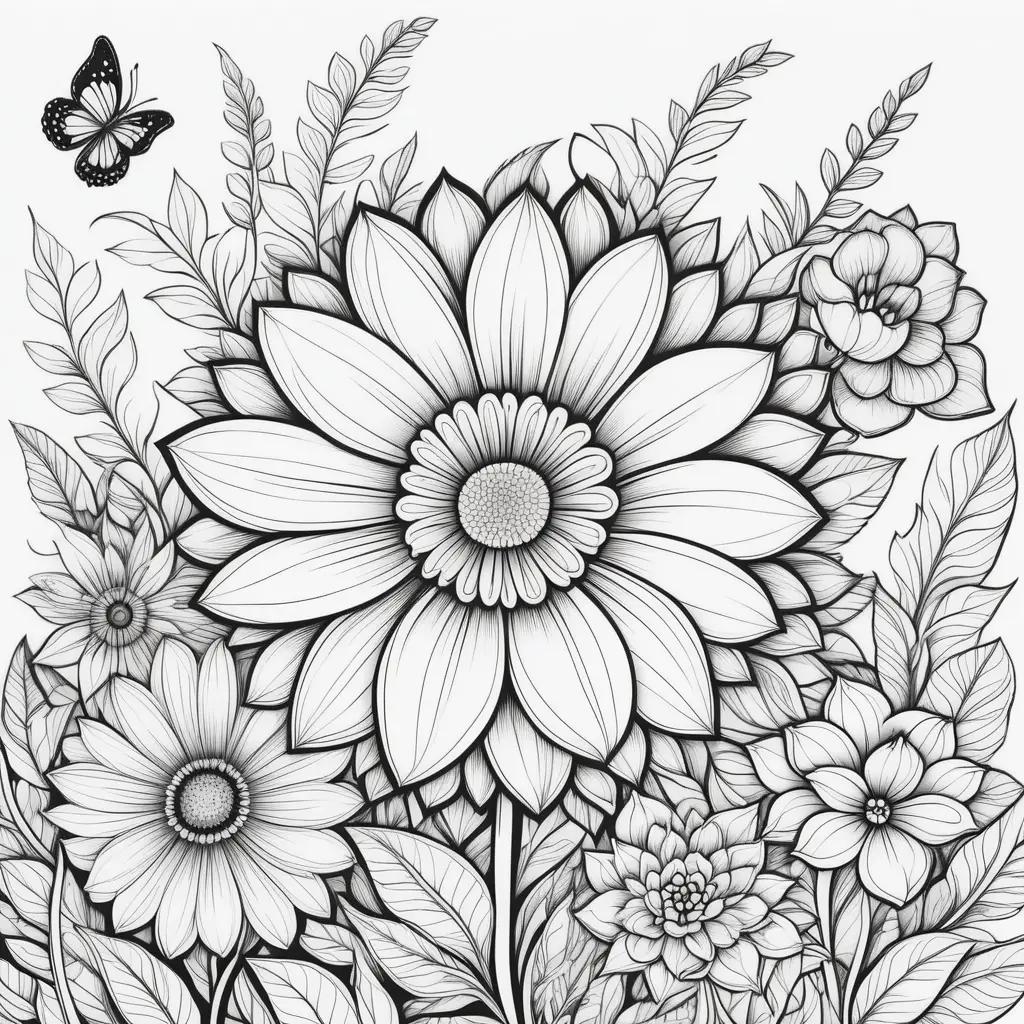 かわいい花のぬりえの白黒画