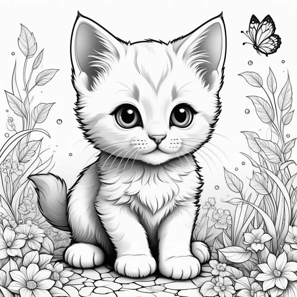 Black and white drawing of cute kitten coloring pages