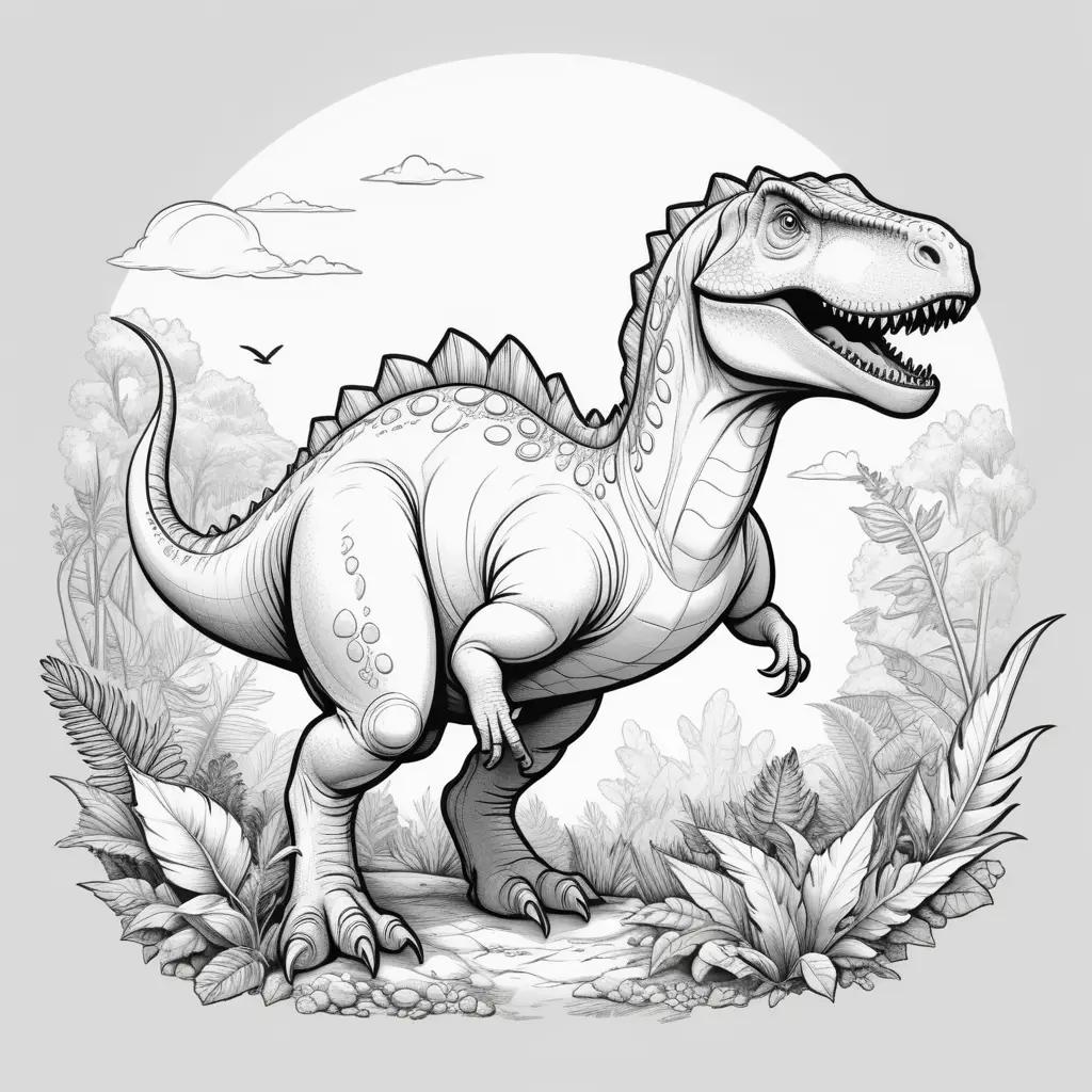 Black and white drawing of dinosaur in jungle