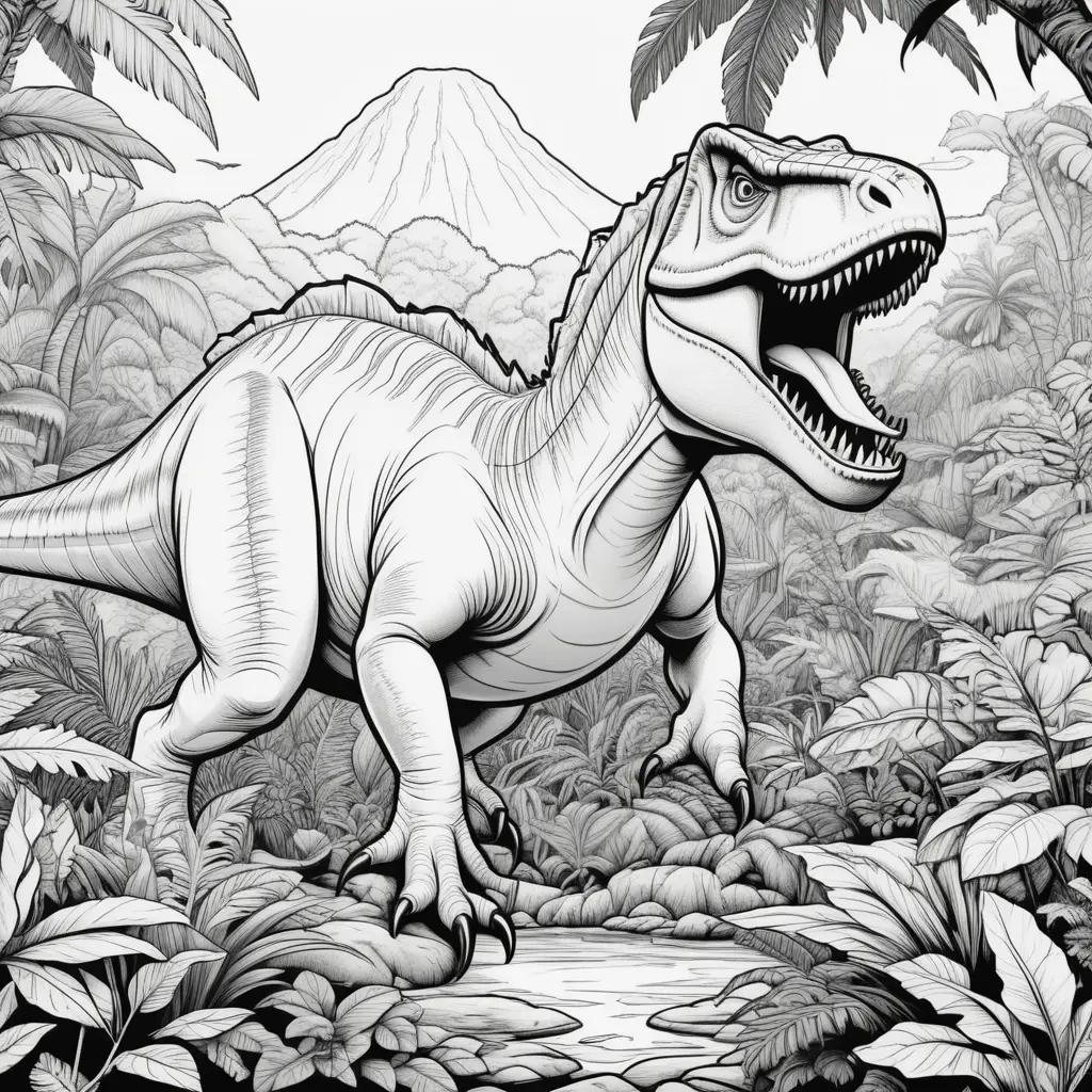 Black and white drawing of dinosaur in jungle with mountain in background