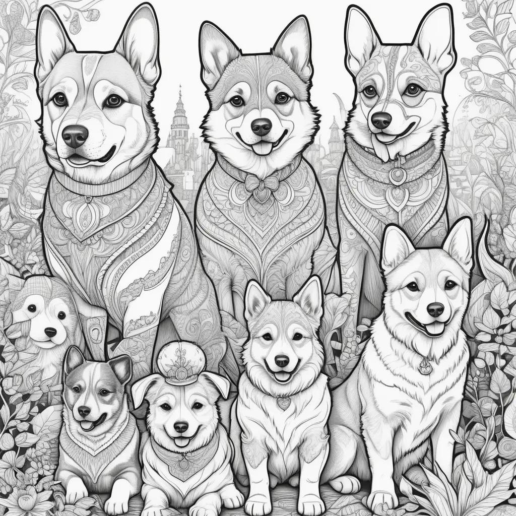 Black and white drawing of dogs in a floral setting