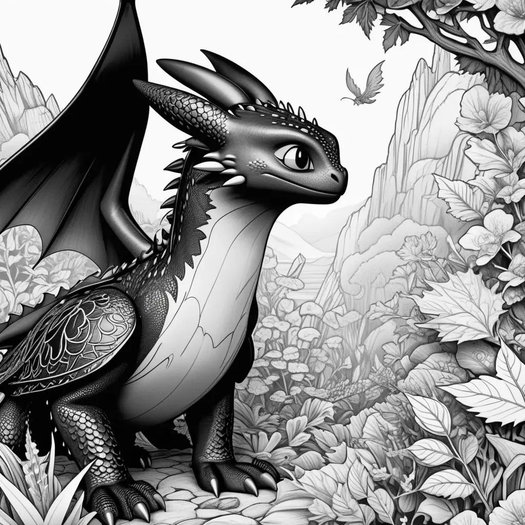 Black and white drawing of dragon in forest