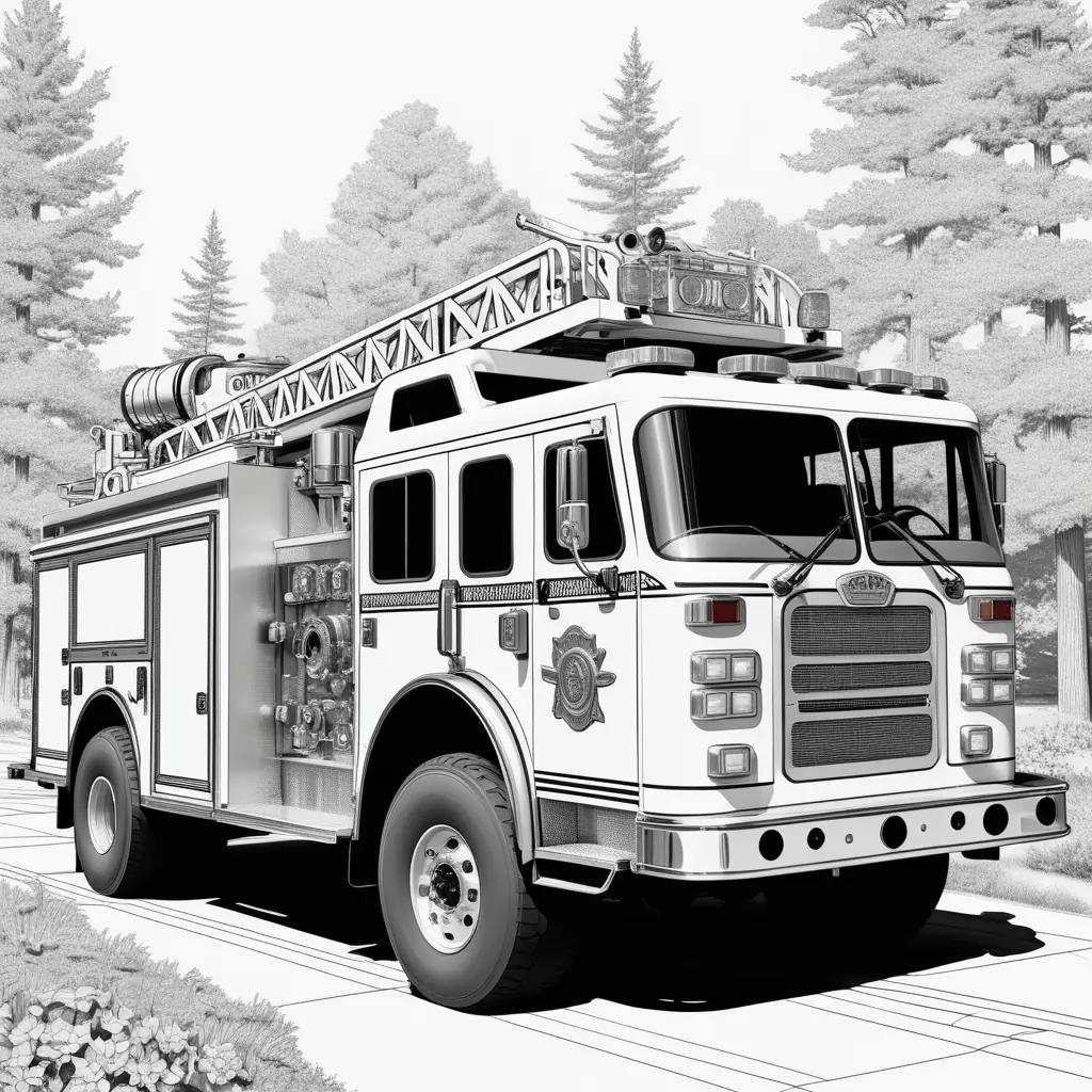 Black and white drawing of fire truck on street