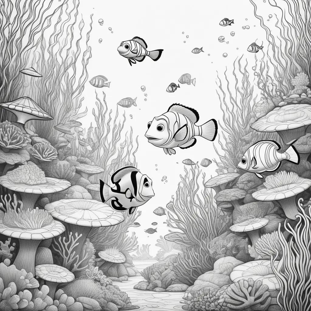 Black and white drawing of fish in an ocean