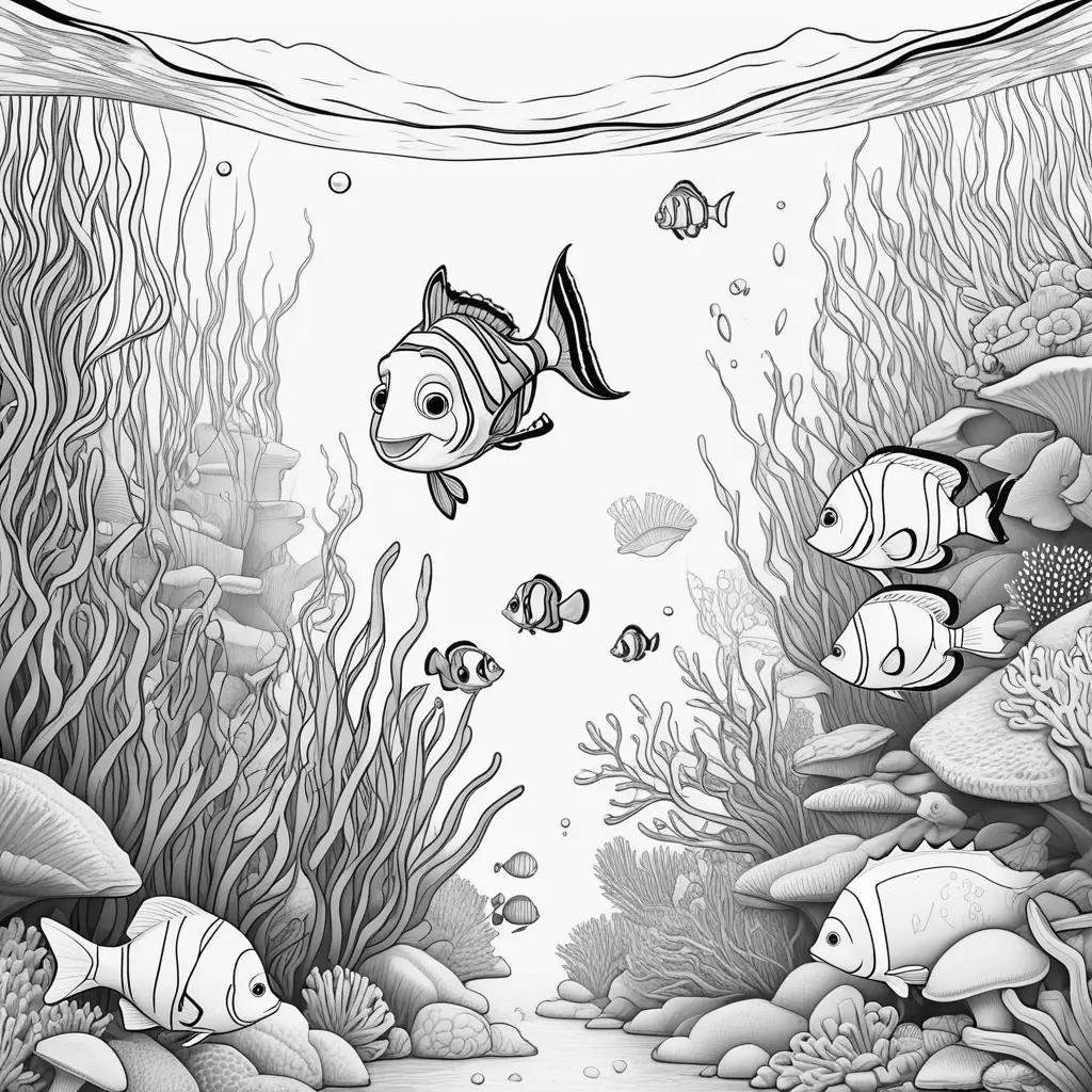 Black and white drawing of fish in ocean