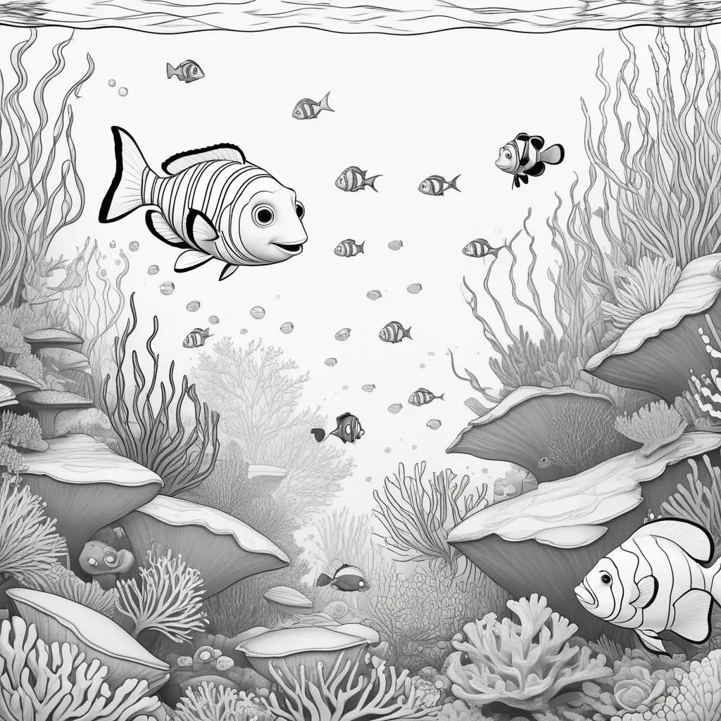 Black and white drawing of fish in ocean