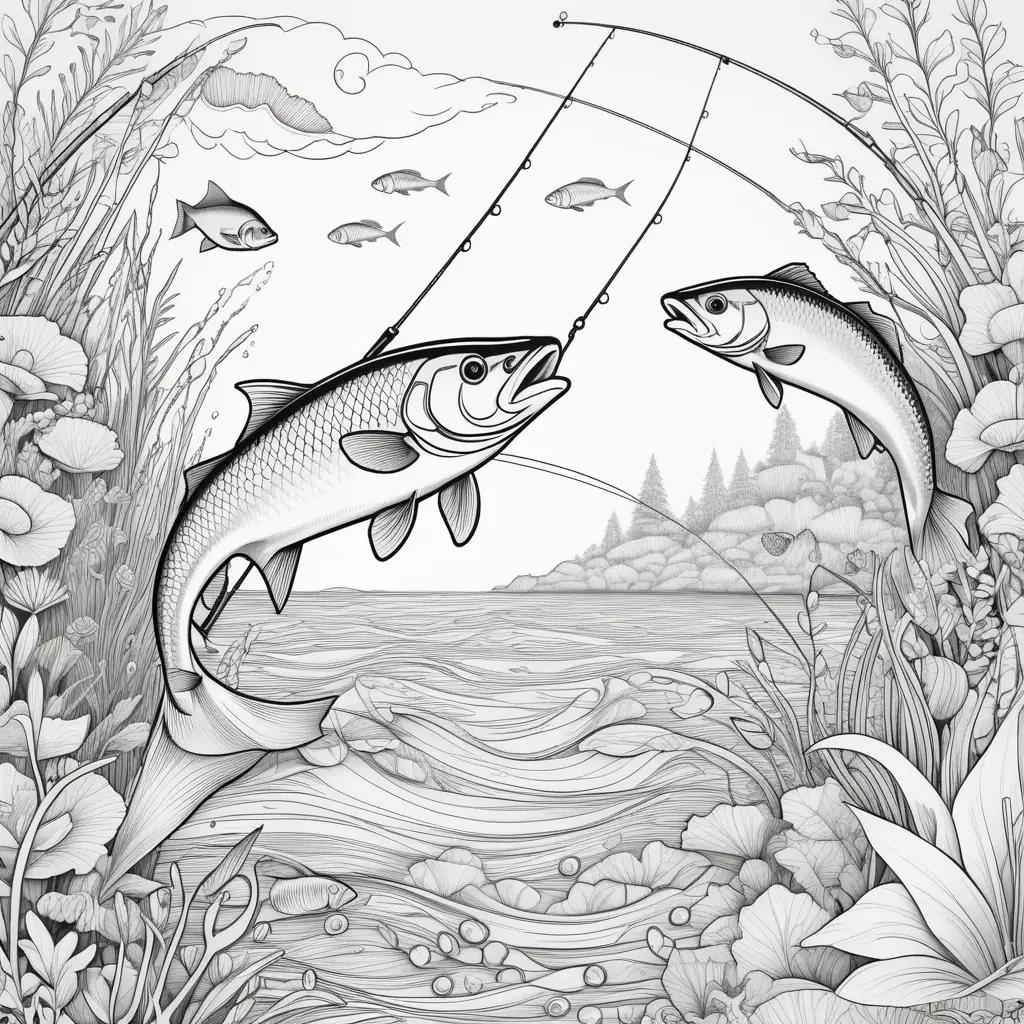 Black and white drawing of fish on a fishing rod