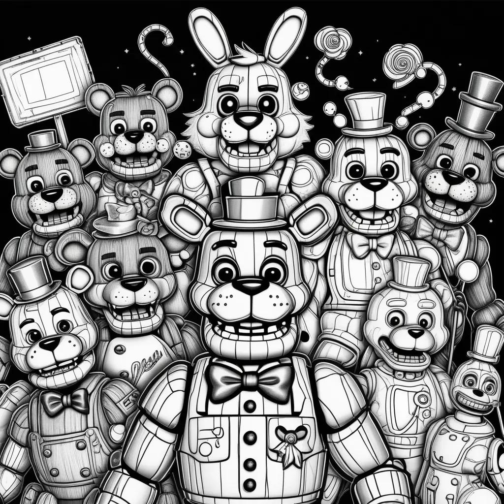 Black and white drawing of five nights of freddy characters