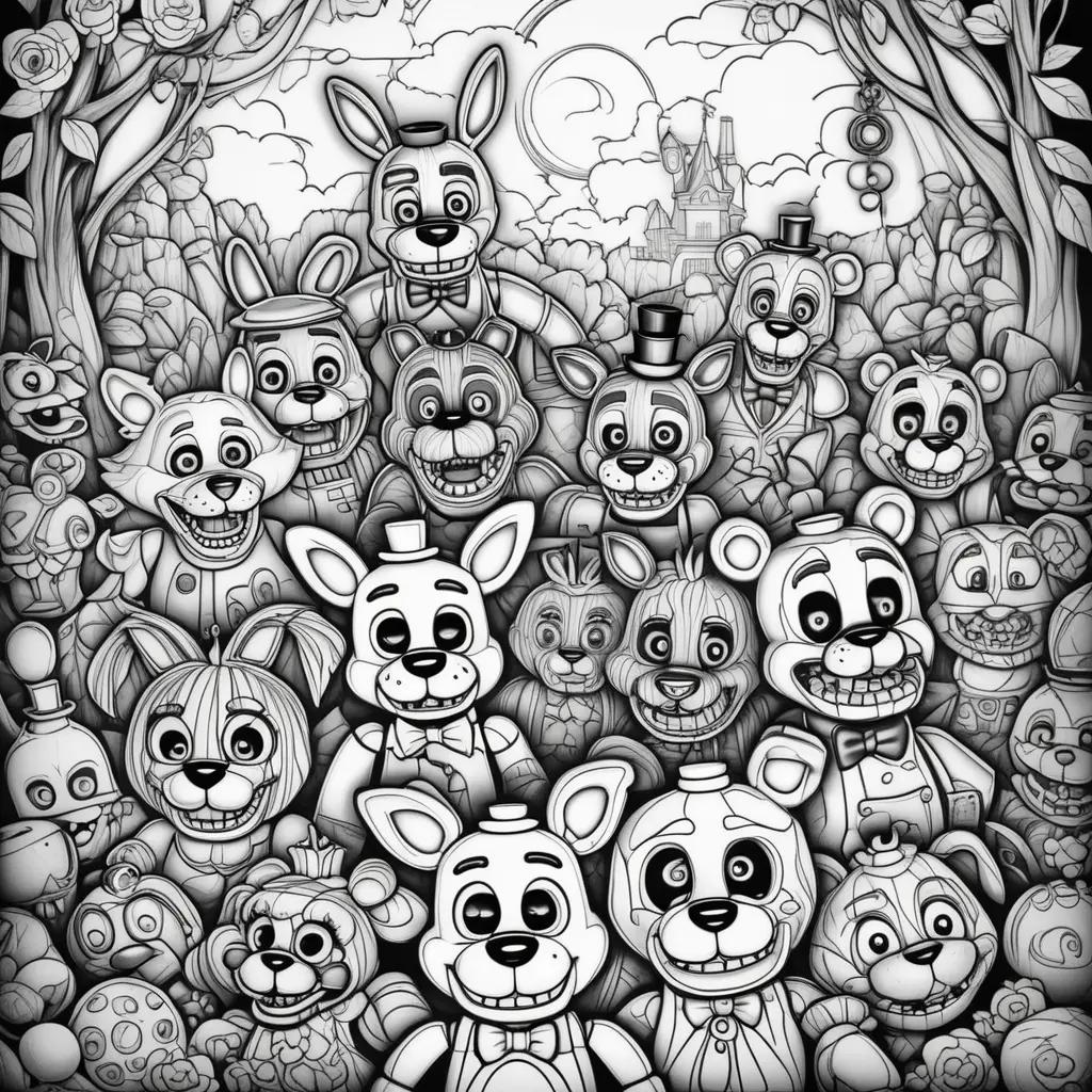 Black and white drawing of five nights of freddys characters