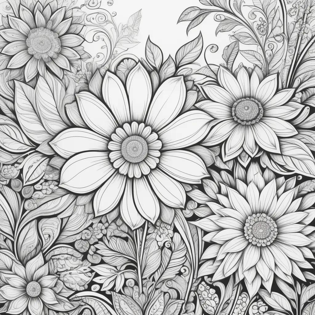 Black and white drawing of flower with various colors