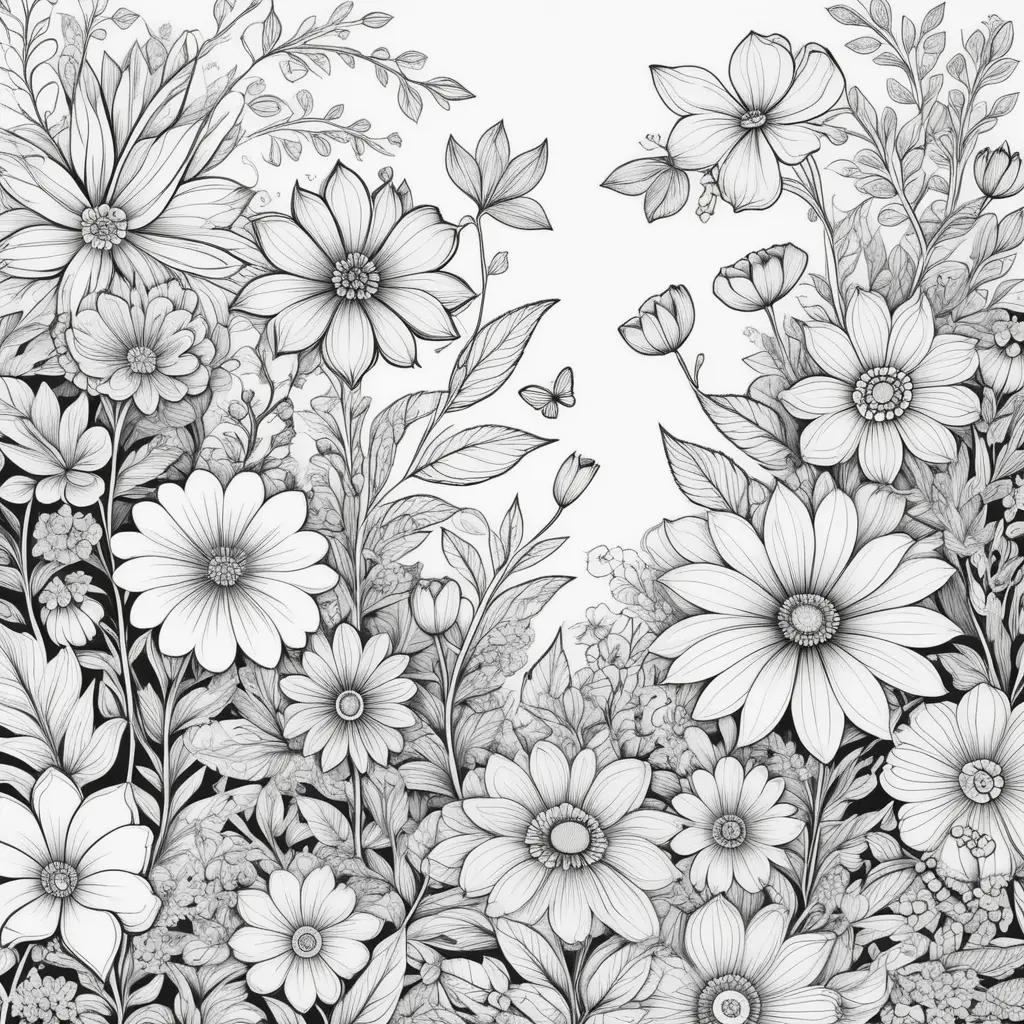 Black and white drawing of flowers and butterflies