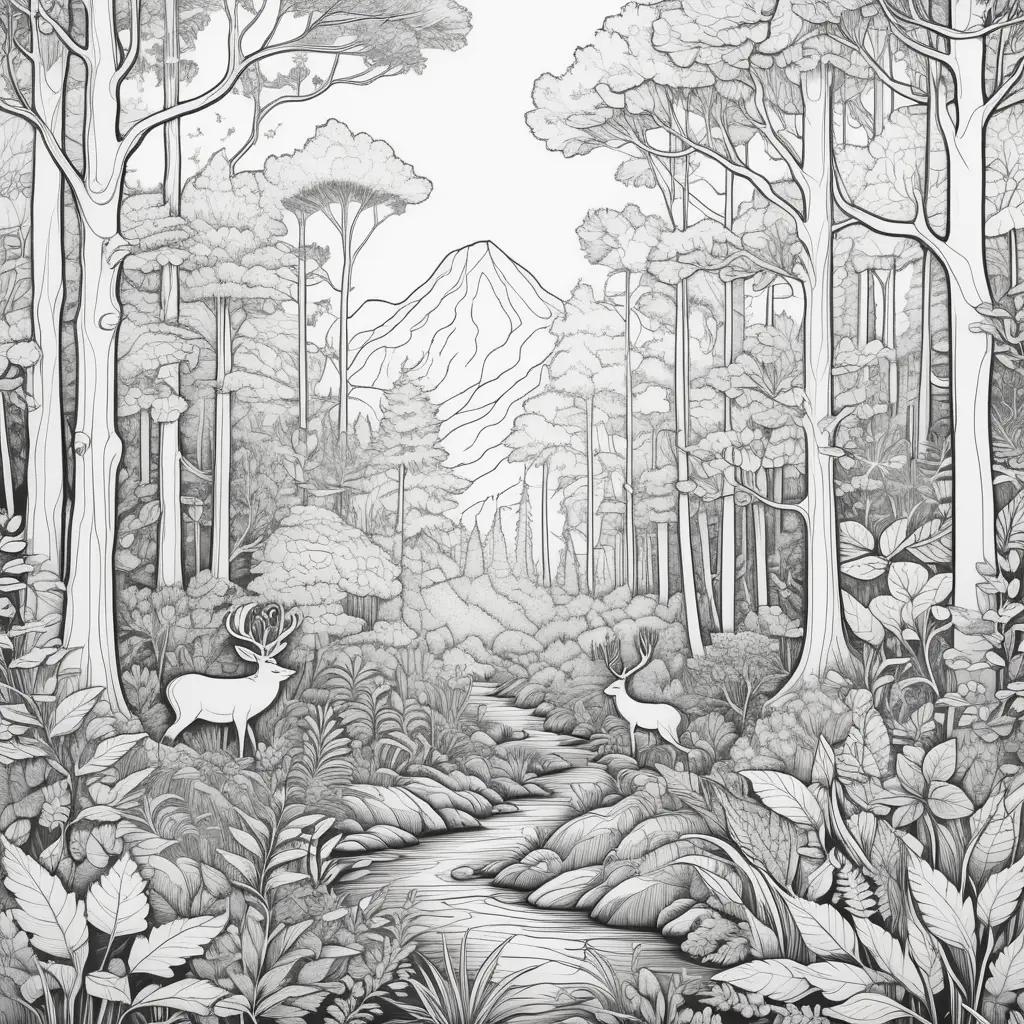 Black and white drawing of forest scene