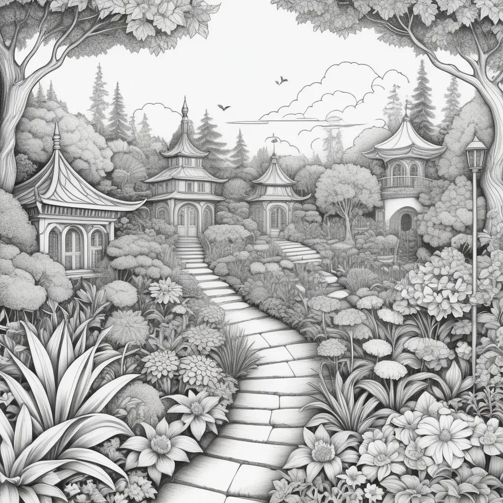 Black and white drawing of garden of banban