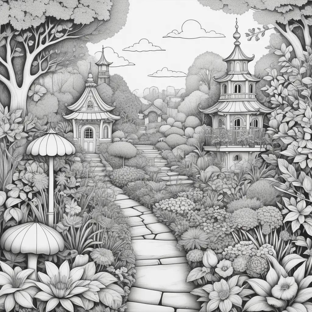 Black and white drawing of garden scene with temple and path