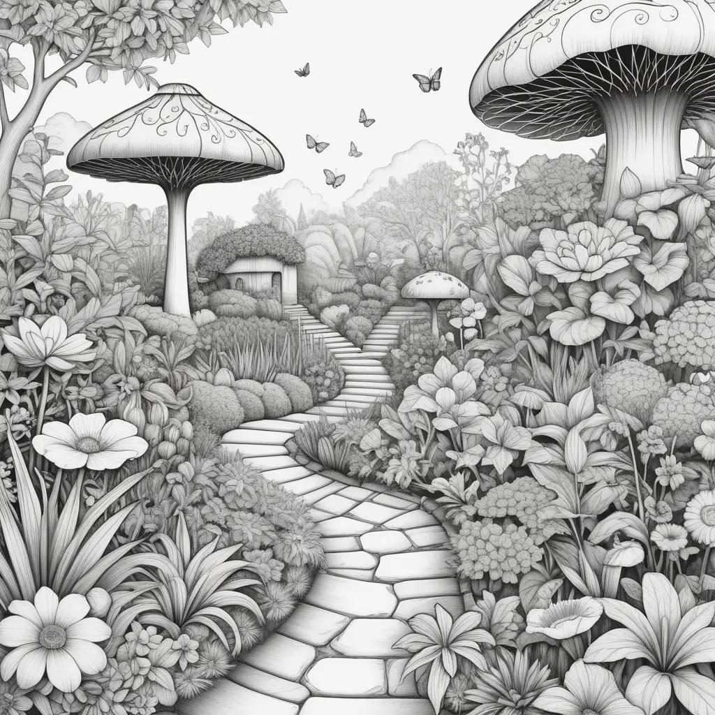 Black and white drawing of garden with mushrooms and butterflies