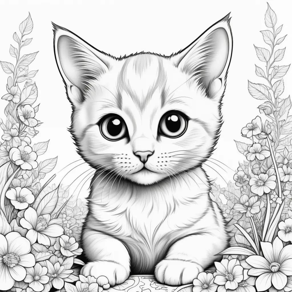 Black and white drawing of kitten with flowers