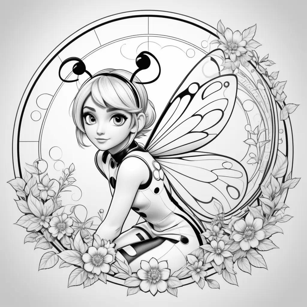 Black and white drawing of ladybug in circle with flowers