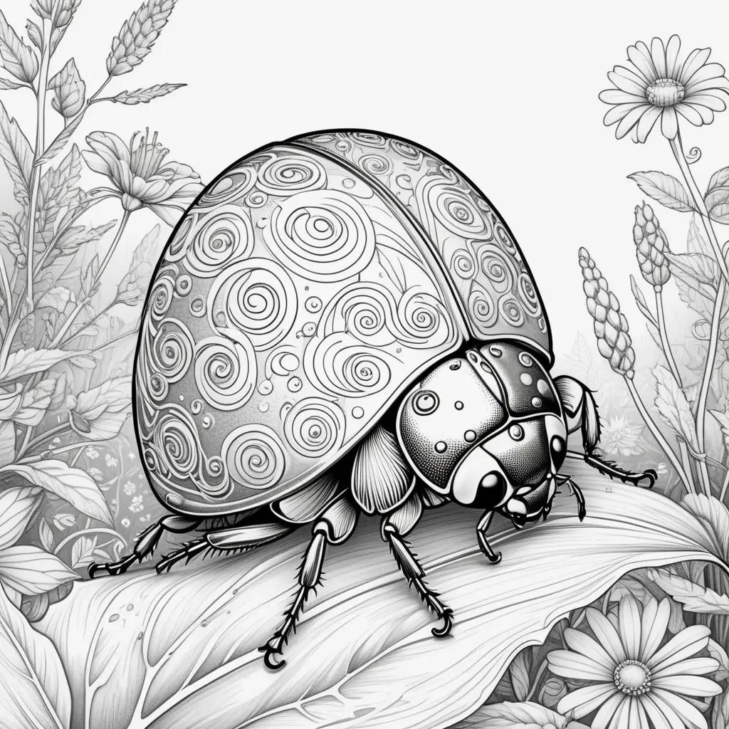 Black and white drawing of ladybug on leaf