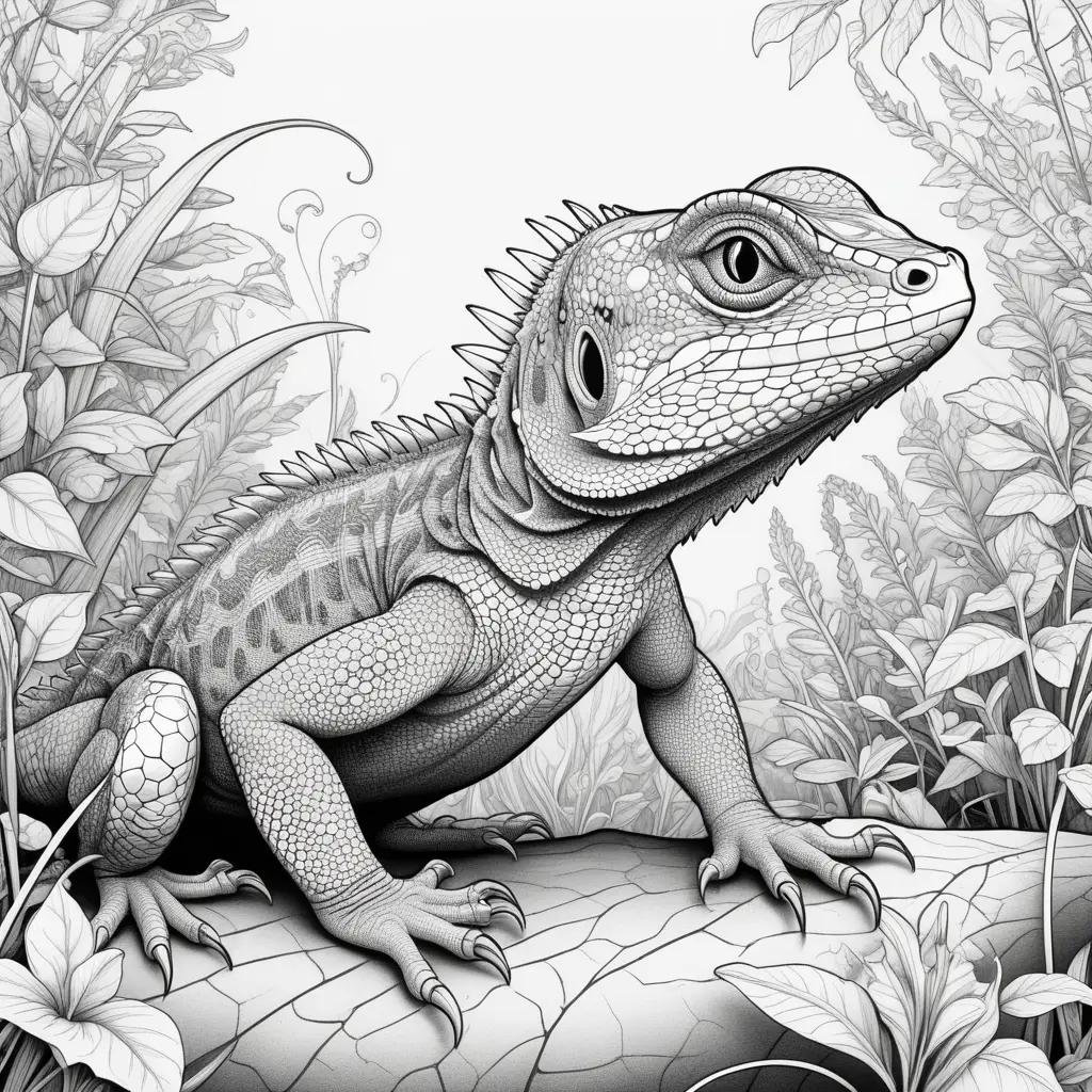 Black and white drawing of lizard on log