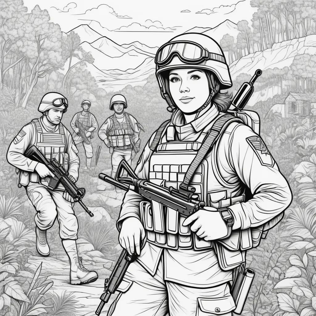 Black and white drawing of military coloring pages