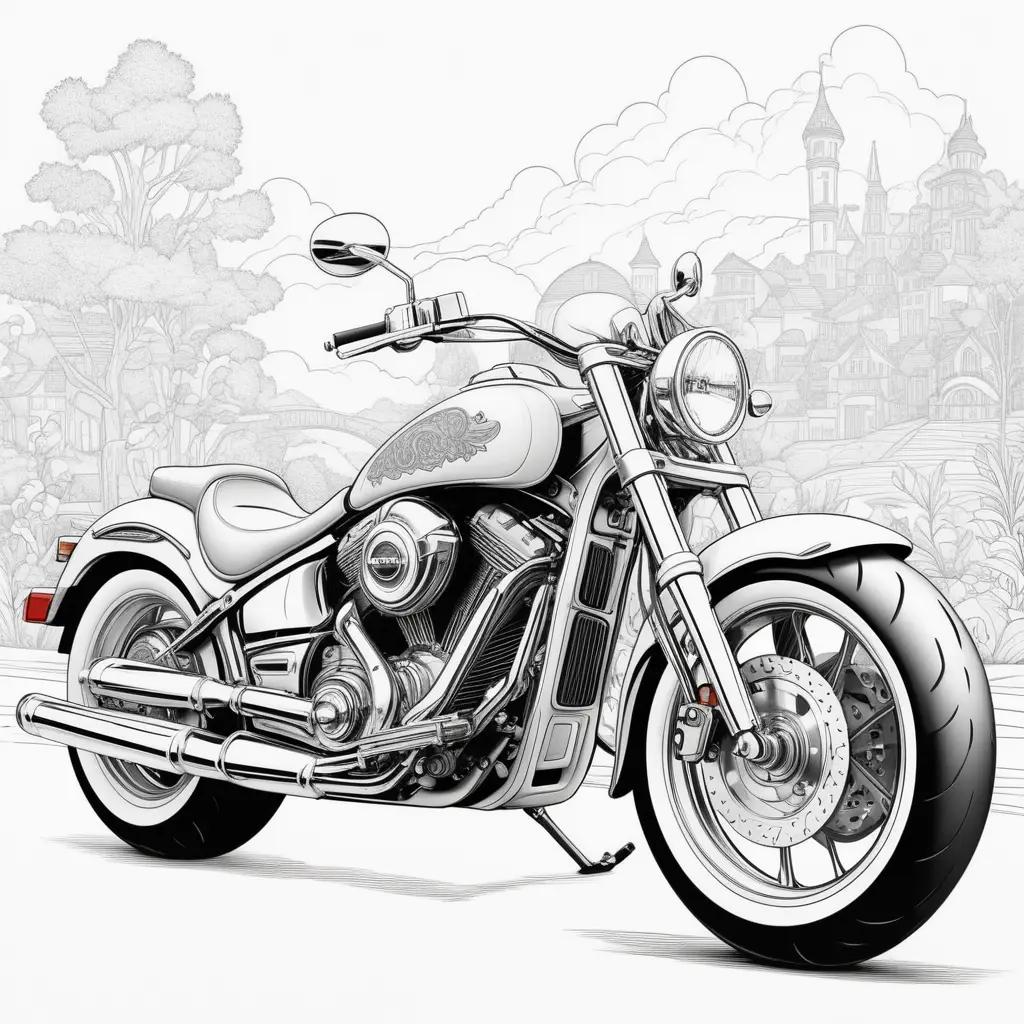 Black and white drawing of motorcycle in a city setting