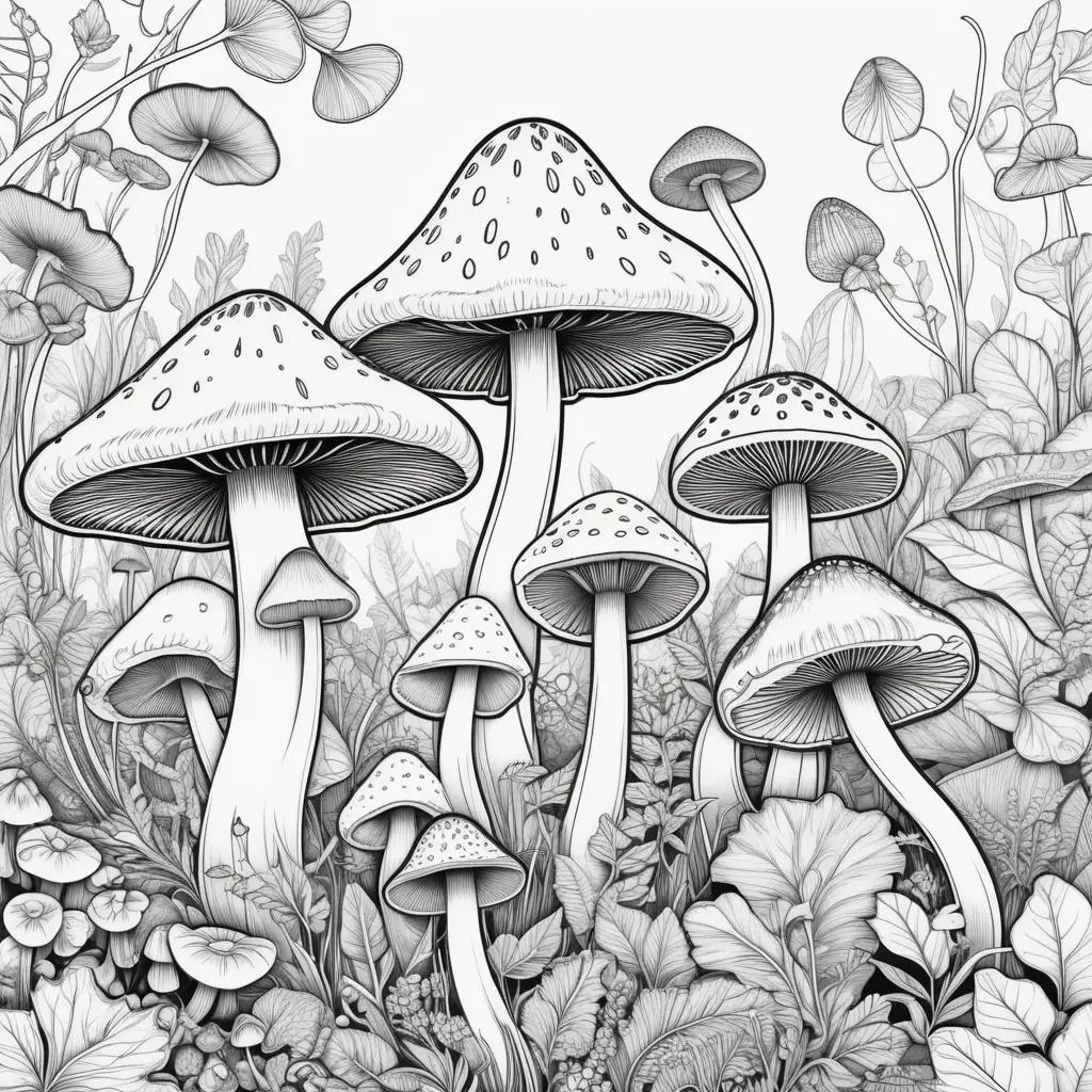 Black and white drawing of mushrooms in a field