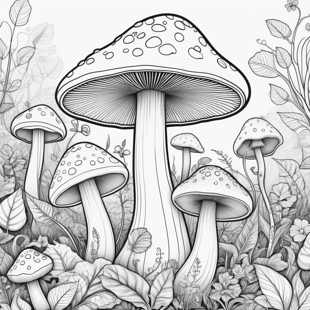 Black and white drawing of mushrooms in a forest