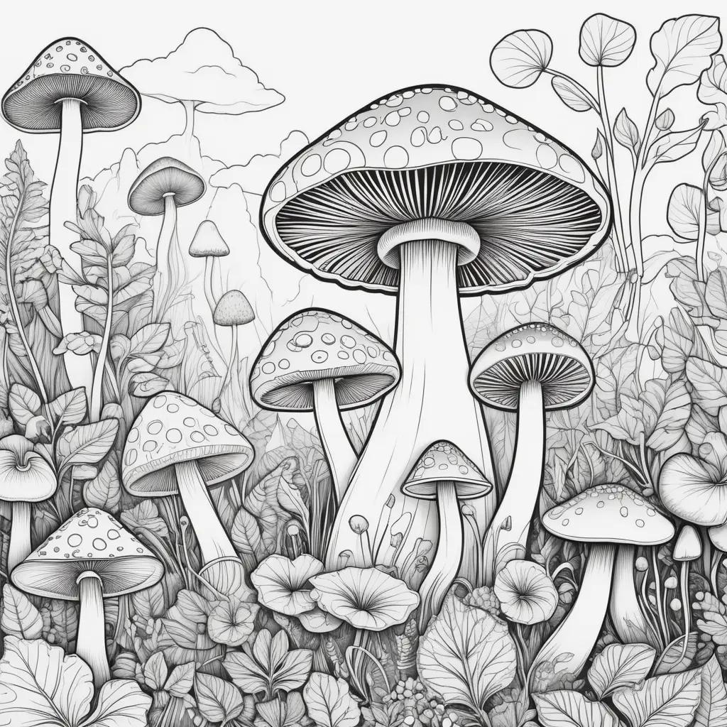 Black and white drawing of mushrooms on a leafy background