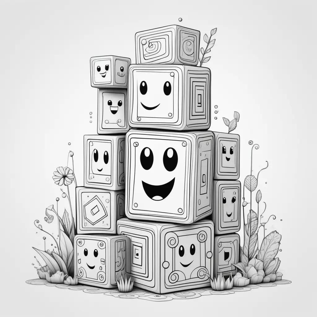 Black and white drawing of number blocks with faces