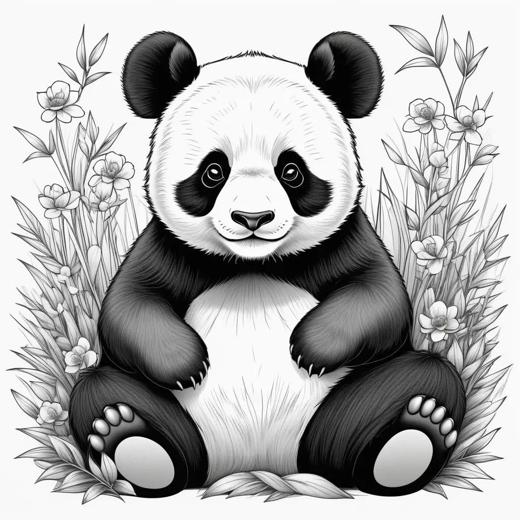 Black and white drawing of panda in grass with flowers