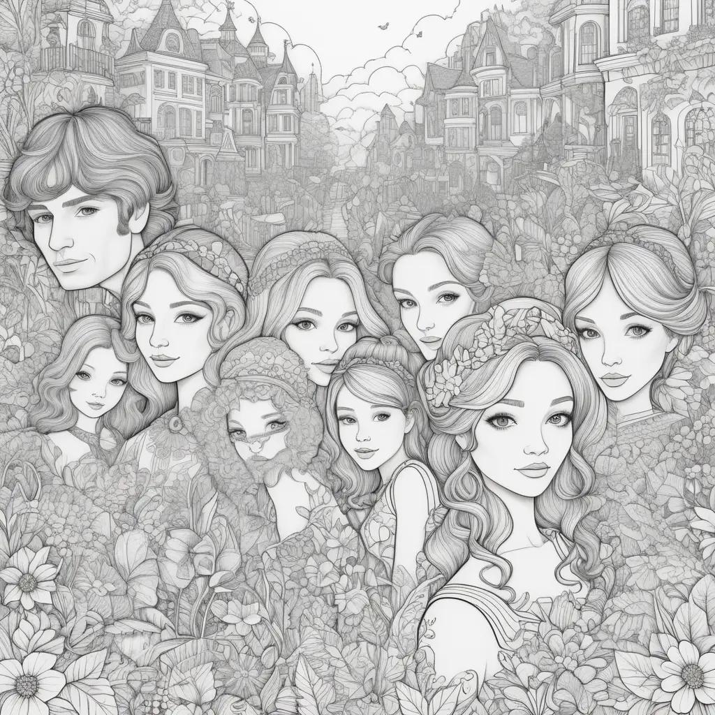 Black and white drawing of people and flowers