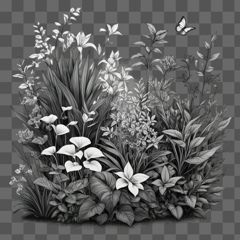 Black and white drawing of plants and flowers with a butterfly