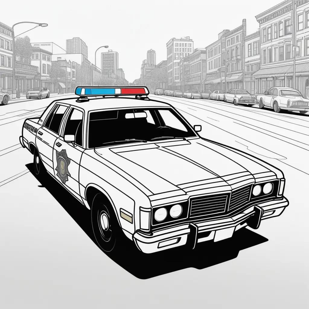 Black and white drawing of police car in city