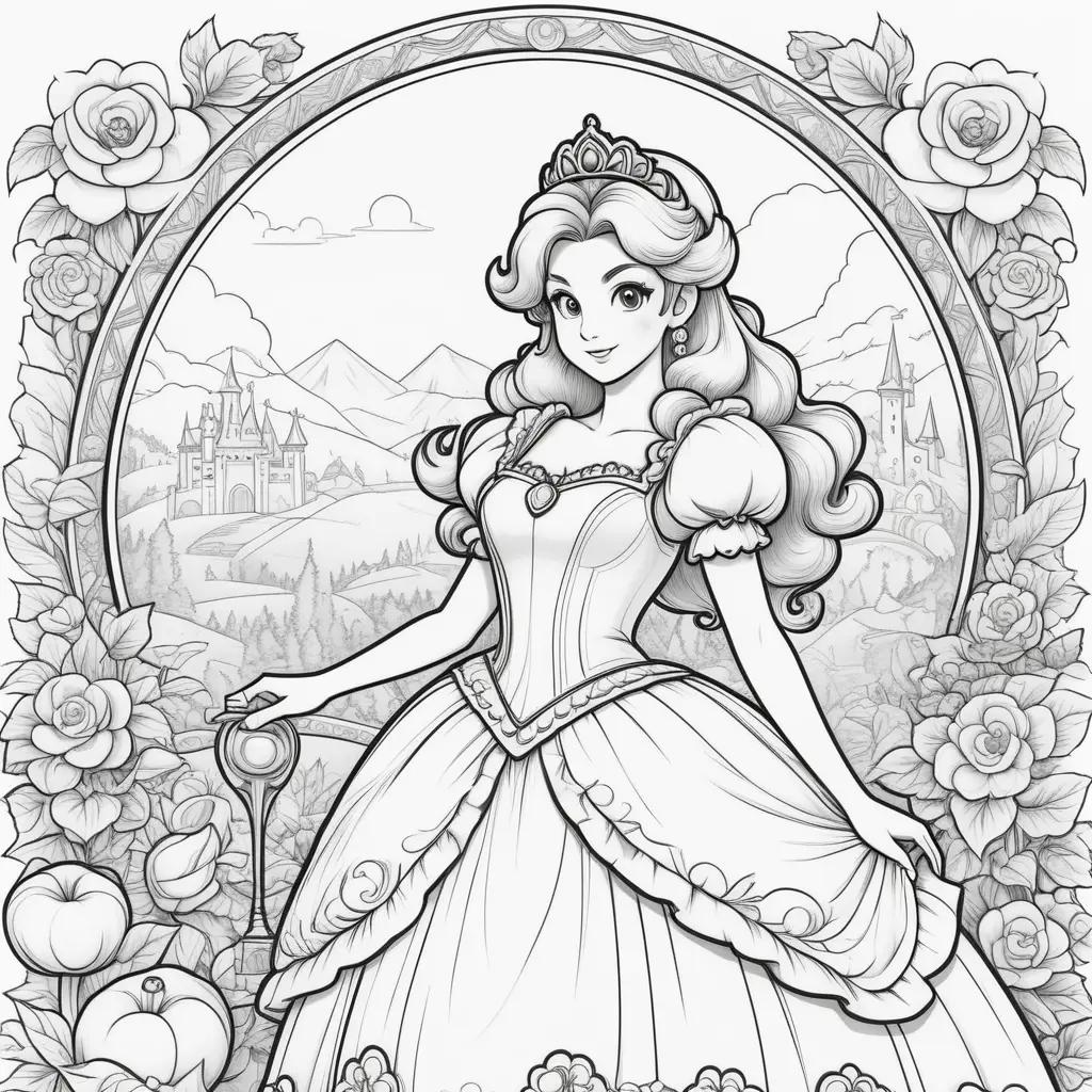 Black and white drawing of princess peach in dress