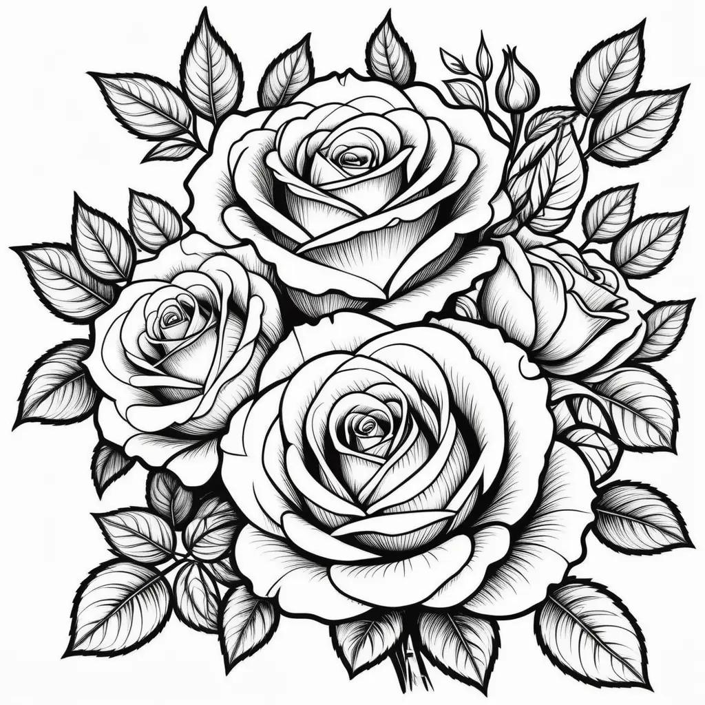 Black and white drawing of roses and leaves