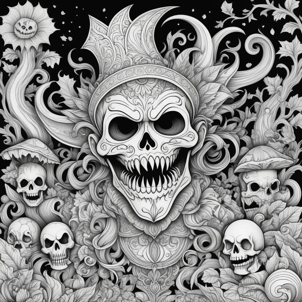 Black and white drawing of scary skulls and flowers