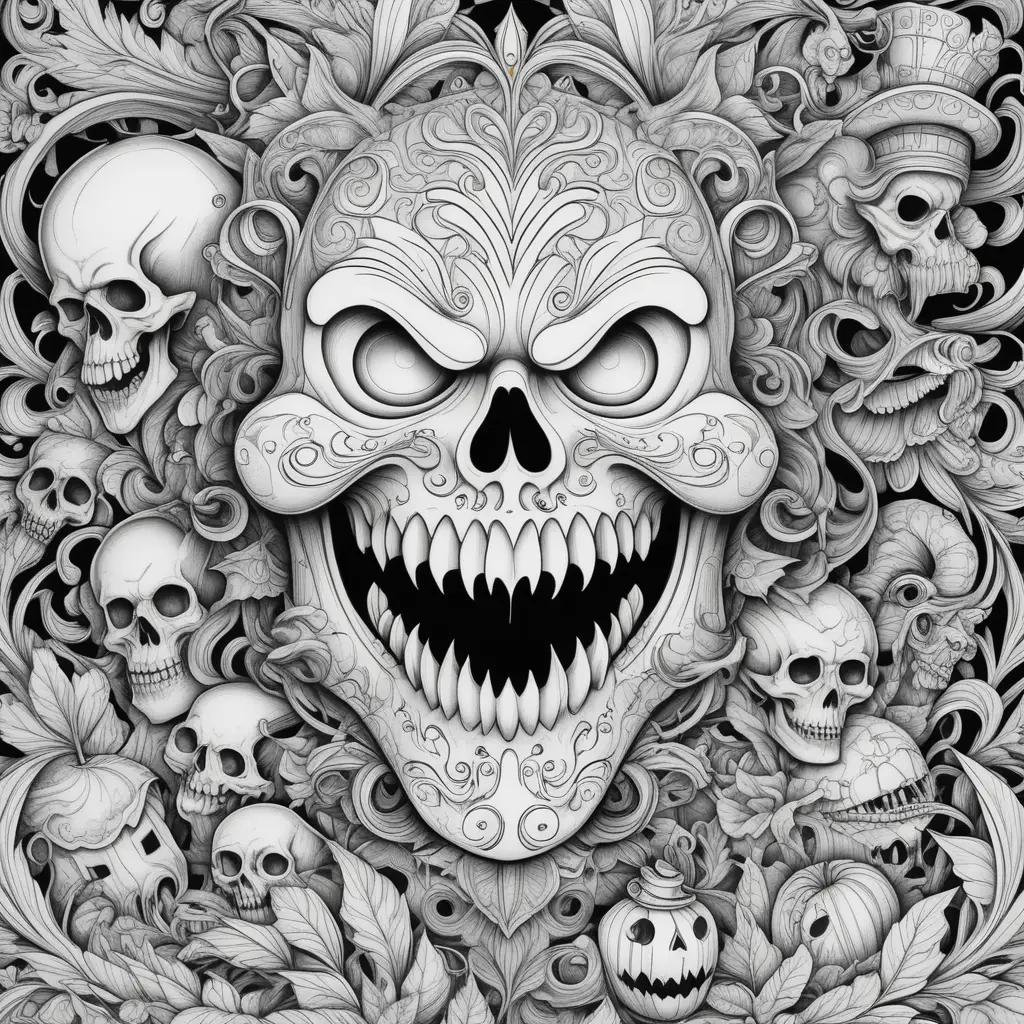 Black and white drawing of scary skulls on Halloween coloring pages