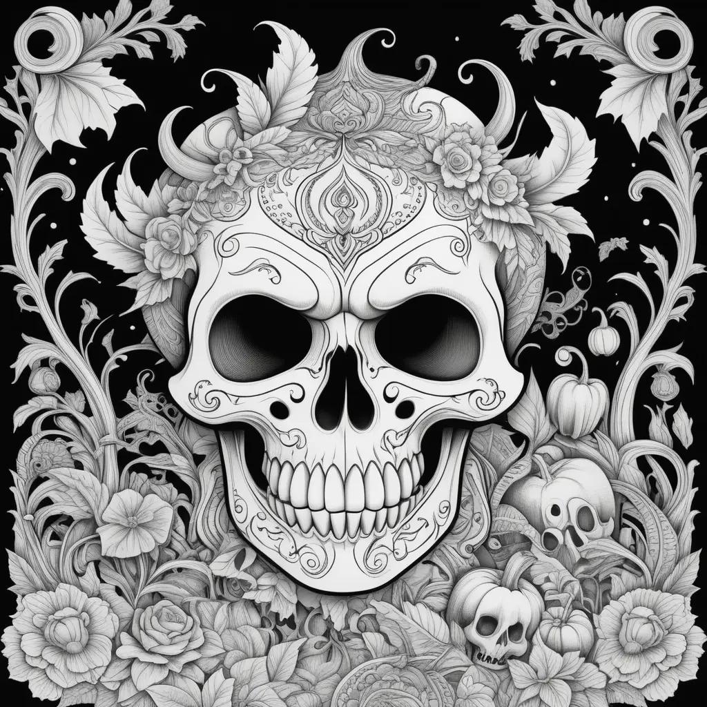 Black and white drawing of skulls with scary coloring pages