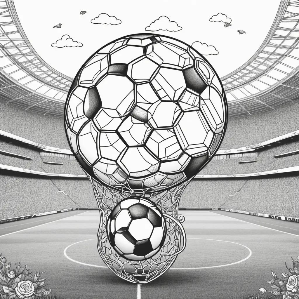 Black and white drawing of soccer ball in net