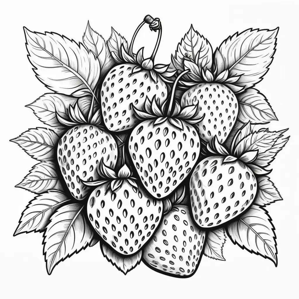 Black and white drawing of strawberries and leaves