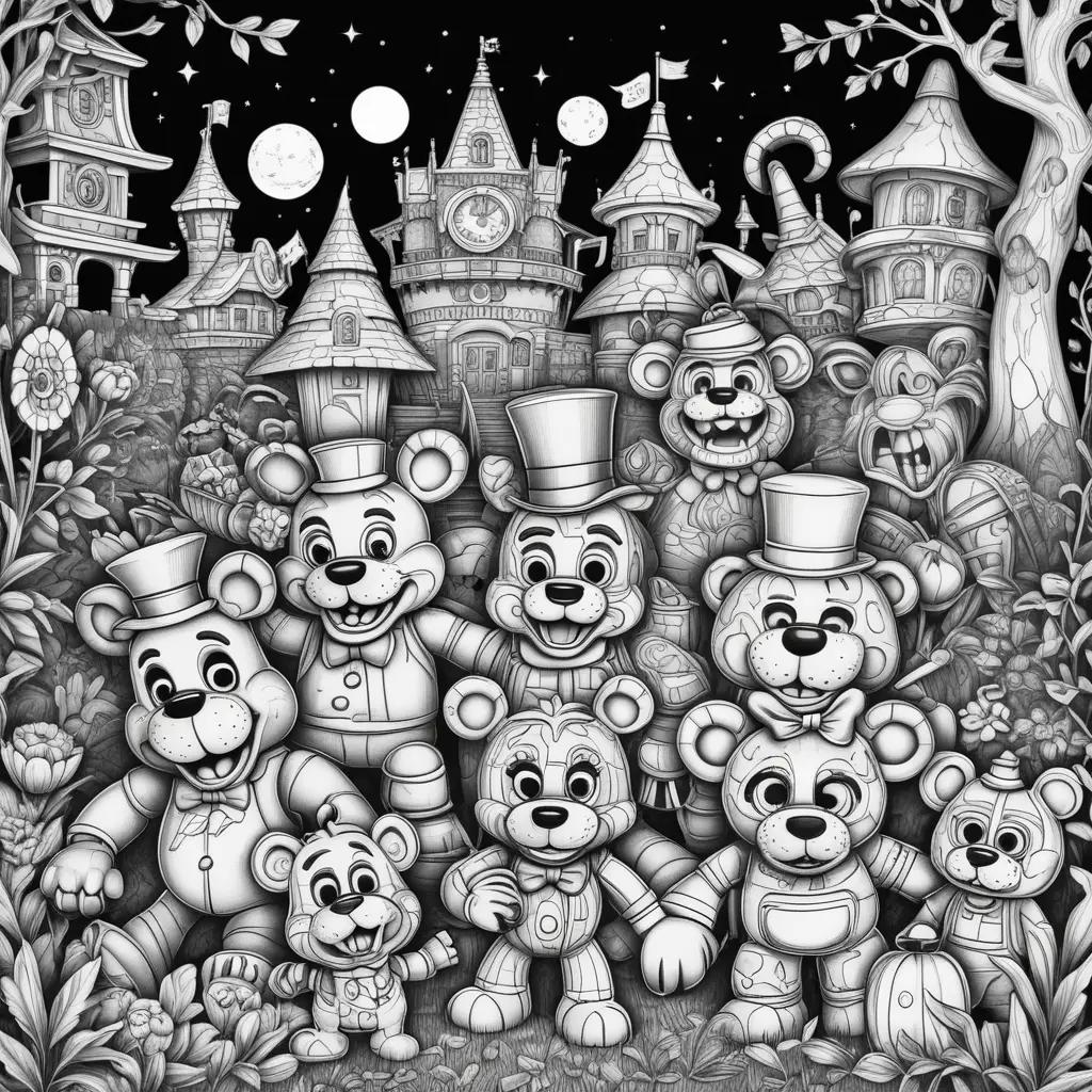 Black and white drawing of teddy bears and freddy fazbear