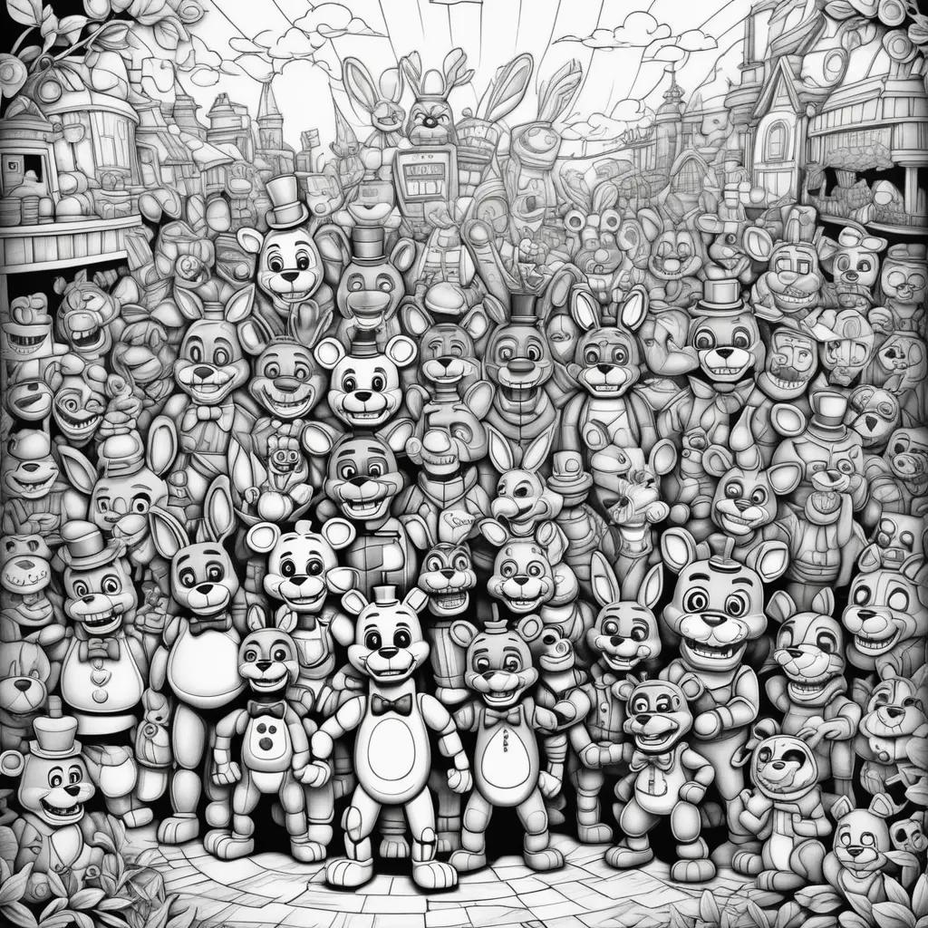 Black and white drawing of the characters from the Five Nights at Freddys series